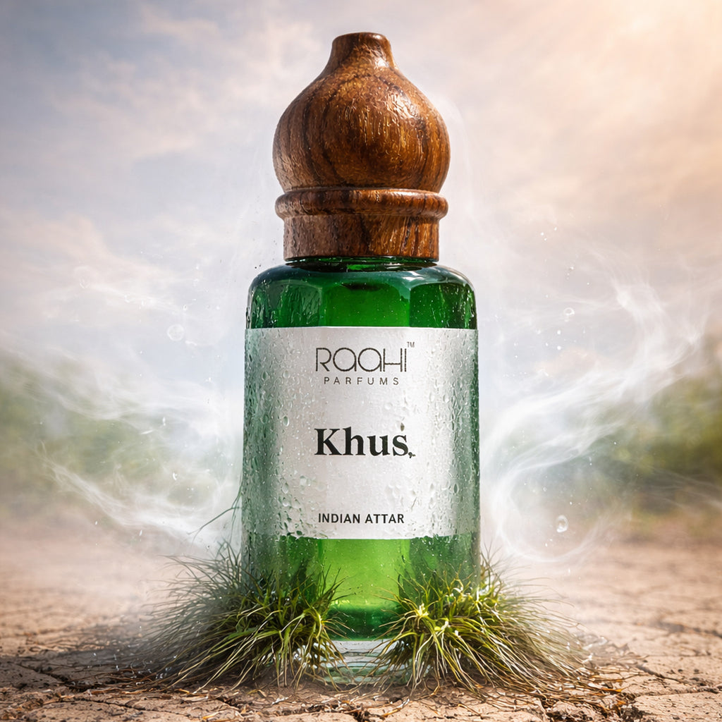 Green glass bottle of raahi parfums khus indian attar with polished wooden stopper handcrafted in kannauj
