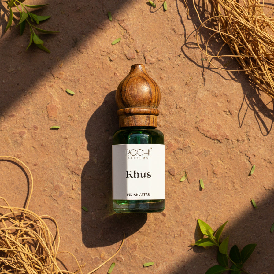 A small green glass bottle with wooden cap labeled khus indian attar by roahi parfums handcrafted in kannauj