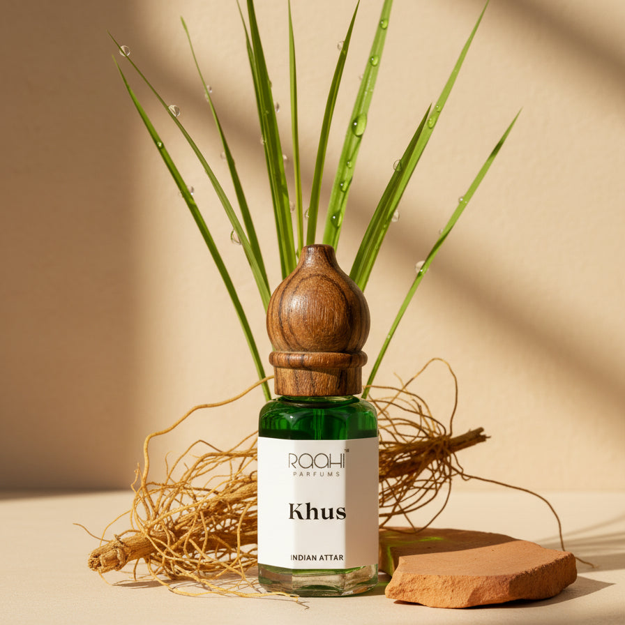 Green glass bottle with wooden stopper labeled khush by raahi parfums containing authentic handcrafted khus attar