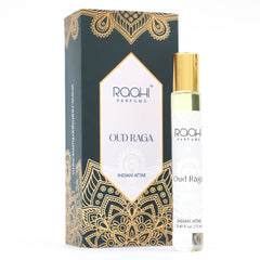 Elegant white roll-on oud raga indian attar perfume bottle with gold cap and raahi parfums branding 12ml