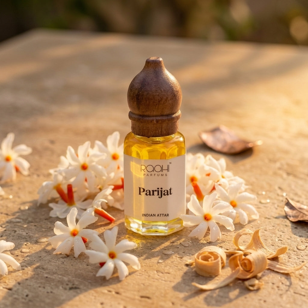 A small clear glass bottle with a dark brown wooden cap contains golden-yellow parijat attar perfume from roahi parfums