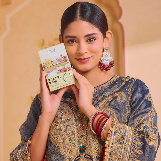 A rectangular light beige box of raat ki rani eau de parfum 50ml featuring colorful traditional indian architecture illustration