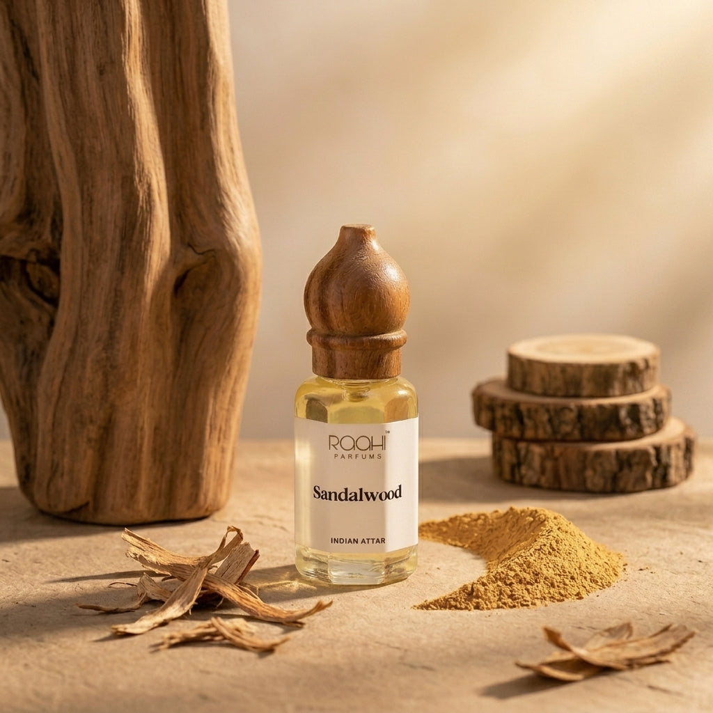 A clear glass bottle with wooden stopper containing golden-yellow sandalwood attar handcrafted in Kannauj by roqhi parfums