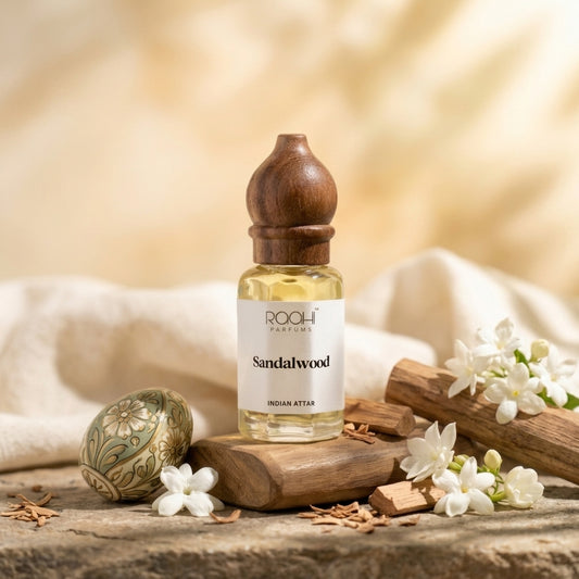 A clear glass bottle of roohi parfums sandalwood indian attar with golden liquid, wooden stopper, sandalwood sticks, and flowers