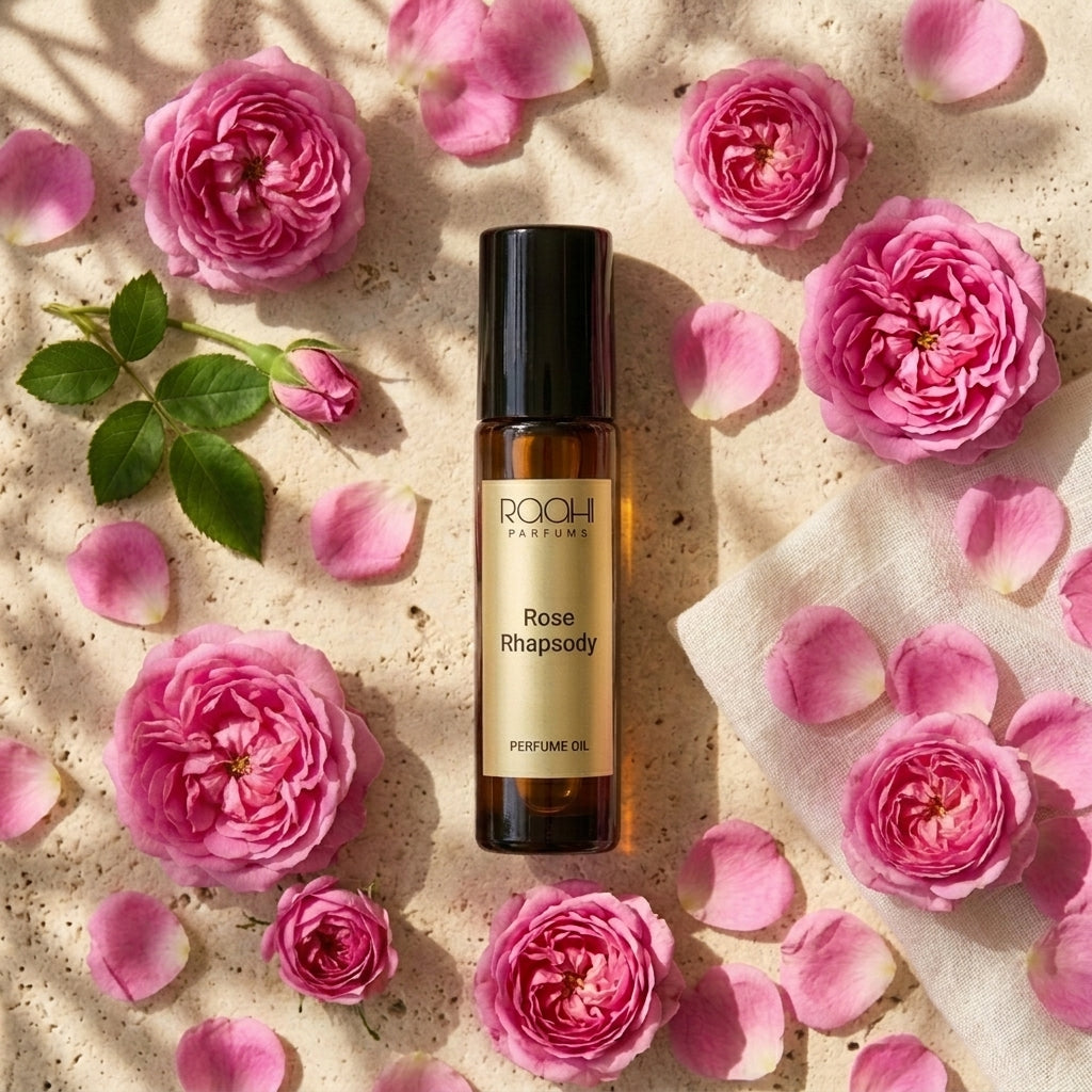 A sleek amber glass rollerball bottle with black cap and gold roohi parfums rose rhapsody label surrounded by pink roses