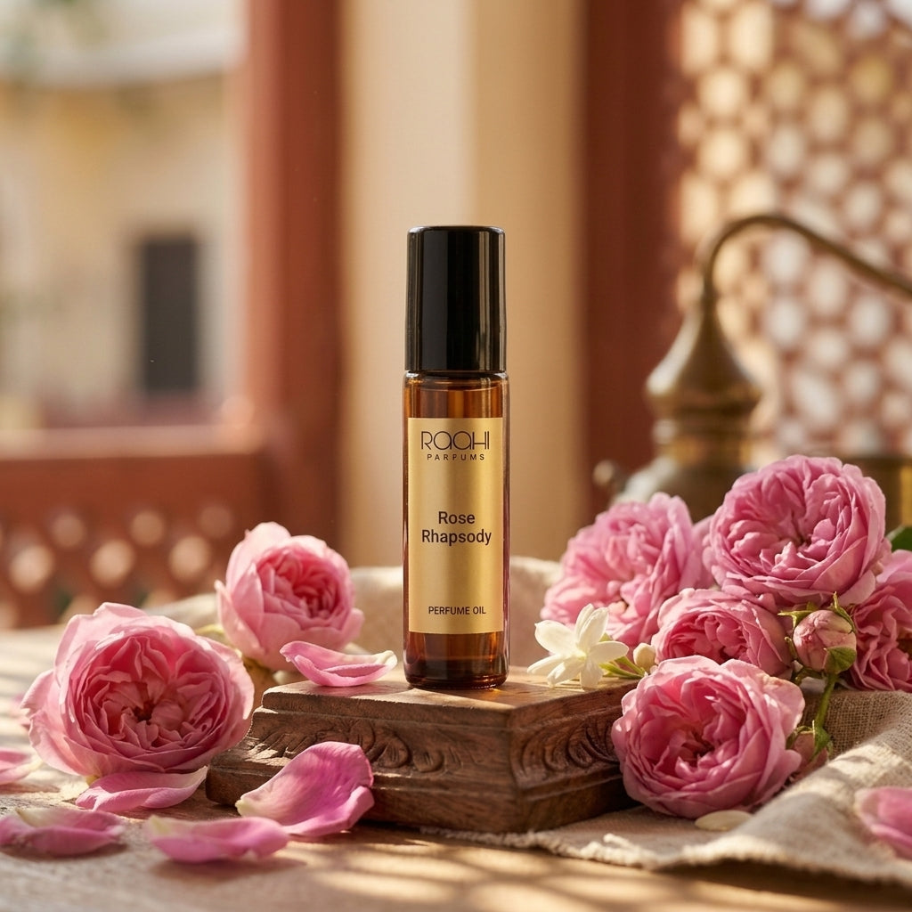 A sleek amber glass rollerball bottle of roahi parfums rose rhapsody gulab attar perfume oil with black cap and gold label