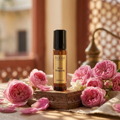 A sleek amber glass rollerball bottle of roahi parfums rose rhapsody gulab attar perfume oil with black cap and gold label