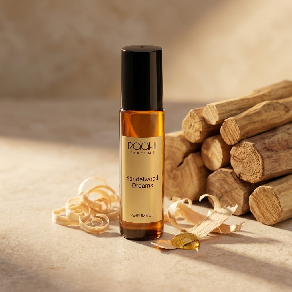 A sleek amber glass rollerball bottle of raahi parfums sandalwood dreams perfume oil with black cap and gold label