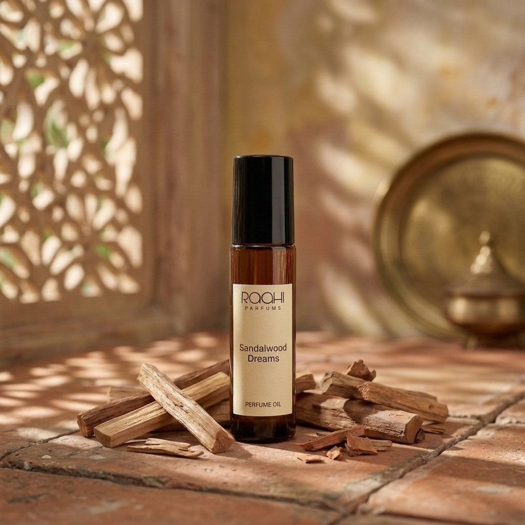 A sleek amber glass rollerball bottle of rochi parfums sandalwood dreams perfume oil surrounded by sandalwood sticks