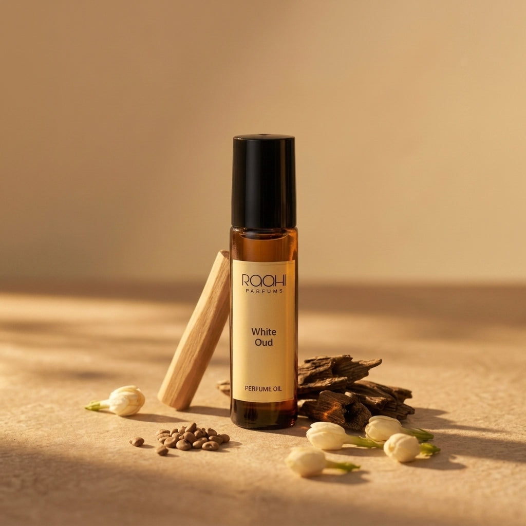 Amber glass rollerball bottle with black cap and gold label of roohi parfums white oud perfume oil 10ml handcrafted fragrance from Kannauj