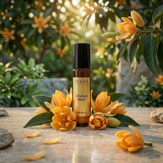 A sleek amber glass rollerball bottle of rochi parfums champa muse perfume oil with a black cap and gold label