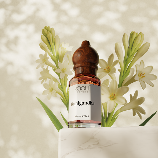 A sleek glass bottle of roohi parfums rajnigandha tuberose attar with rich amber liquid and dark wood cap 12ml handcrafted